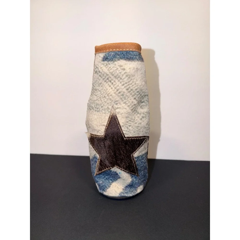 Western Star Wine Bottle Koozie Carrier Canvas Leather Hair-on-Hide Brown Blue